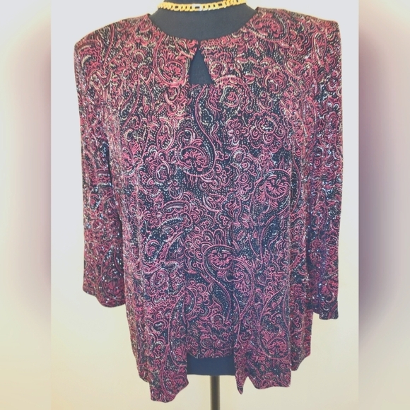 Alex Evenings Petite Vintage Red Sparkly Paisley Jacket Set Sz Petite Medium - Picture 3 of 12